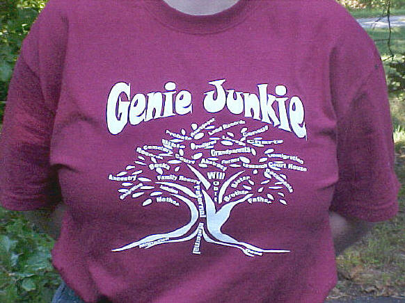 Special order maroon color/white transfer Genie Junkies T-Shirt design on Model.